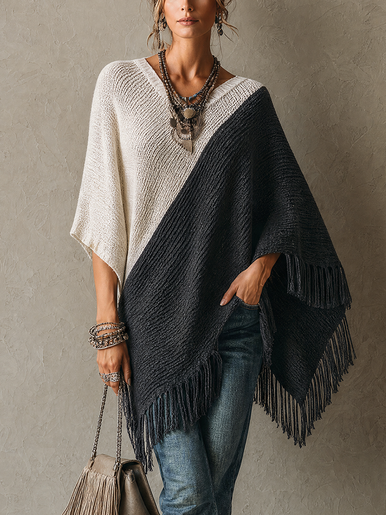 Ivory and Charcoal Colour-block Knit Poncho Jumper with Fringe Hem