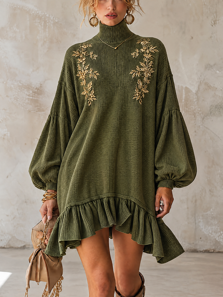 Olive Green Ribbed Knit Roll Neck Ruffle-Hem Mini Jumper Dress