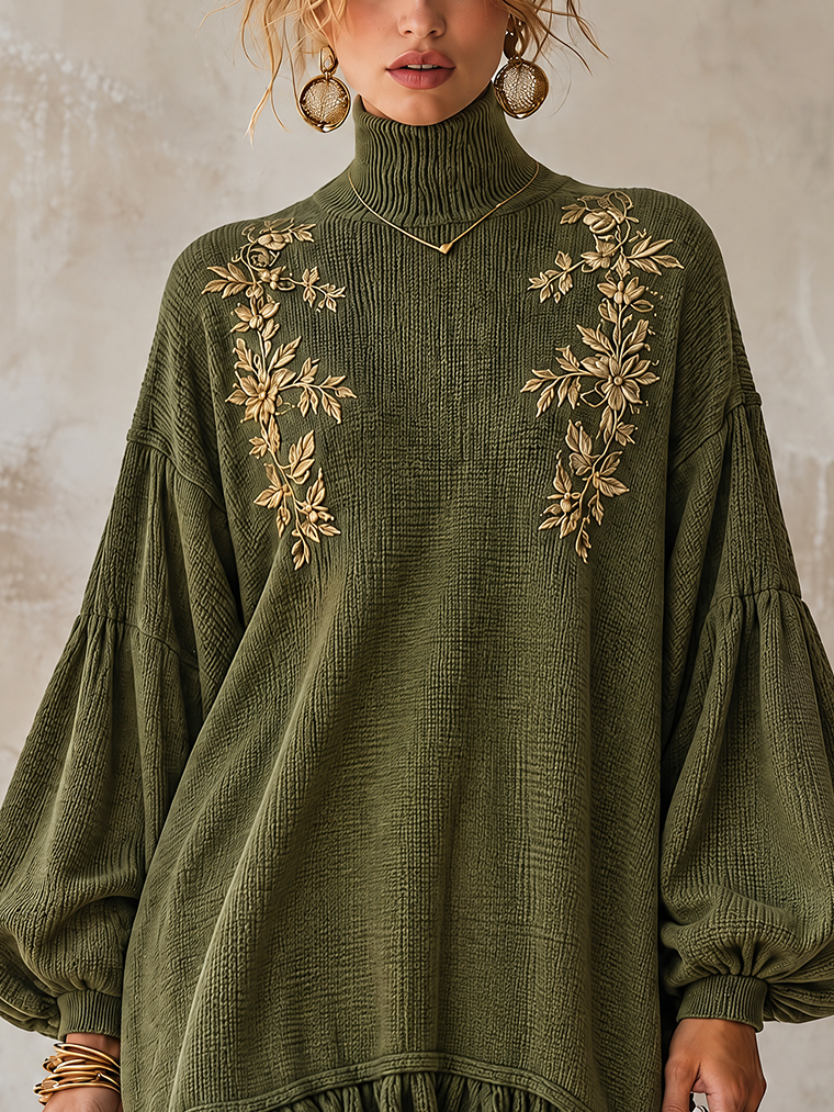 Olive Green Ribbed Knit Roll Neck Ruffle-Hem Mini Jumper Dress