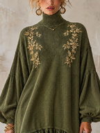 Olive Green Ribbed Knit Roll Neck Ruffle-Hem Mini Jumper Dress