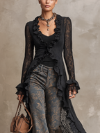 Black Sheer Floral Lace Longline Ruffle Blouses