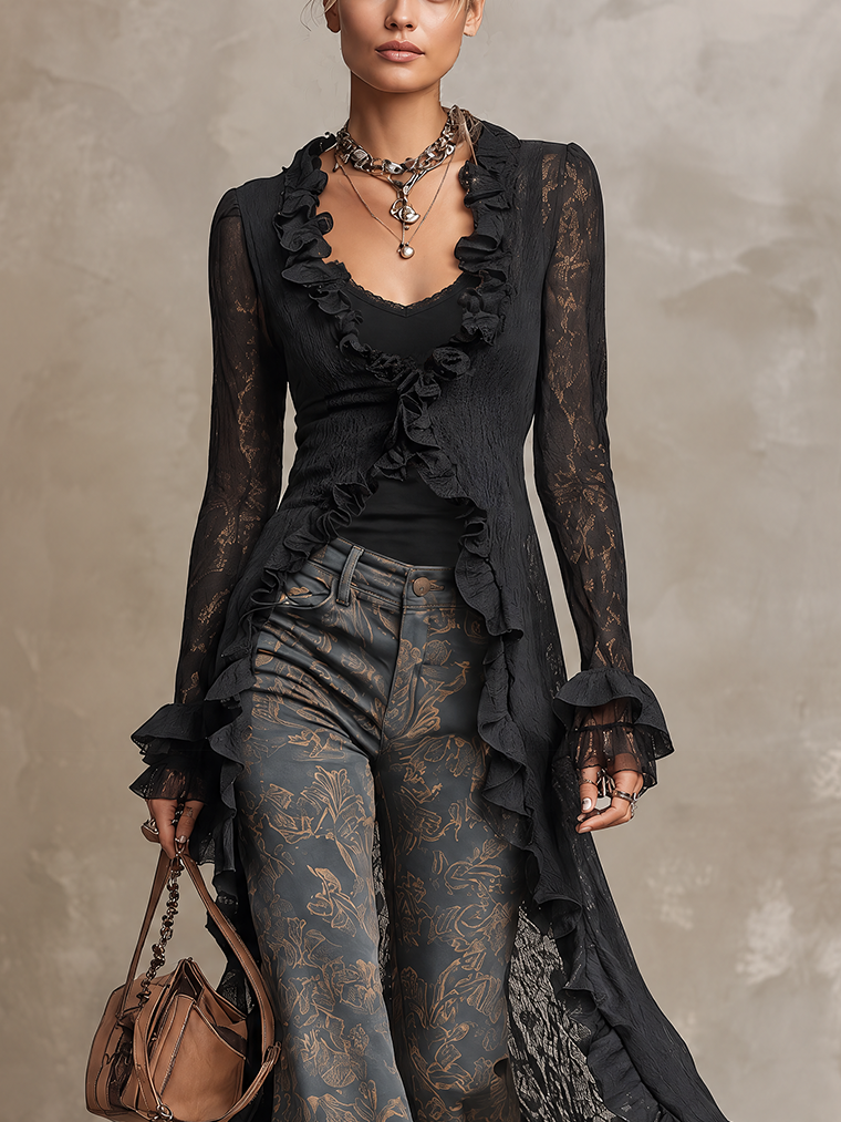 Black Sheer Floral Lace Longline Ruffle Blouses
