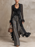 Black Sheer Floral Lace Longline Ruffle Blouses