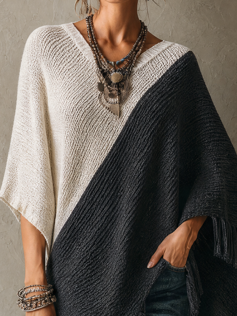 Ivory and Charcoal Colour-block Knit Poncho Jumper with Fringe Hem