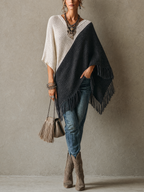 Ivory and Charcoal Colour-block Knit Poncho Jumper with Fringe Hem
