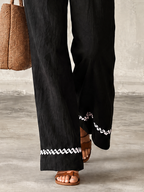 Black Washed Cotton Wide-Leg Trousers with Ivory Zigzag Embroidered Hem