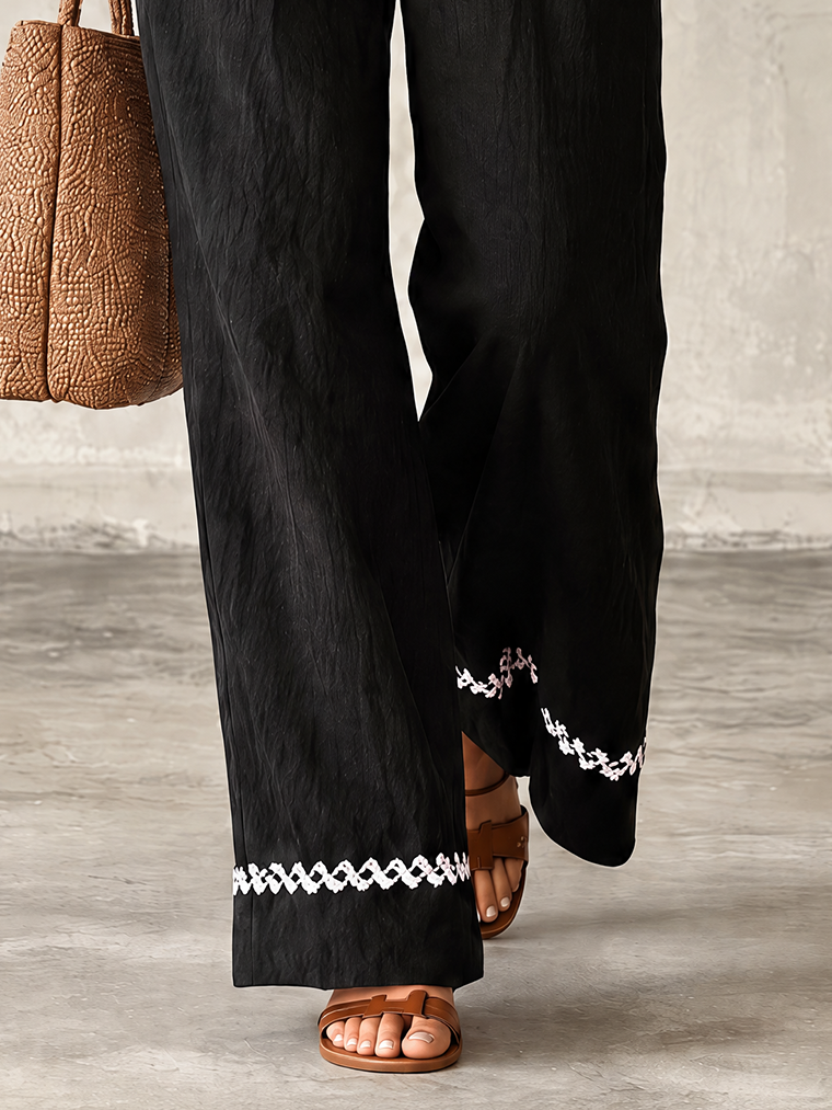 Black Washed Cotton Wide-Leg Trousers with Ivory Zigzag Embroidered Hem