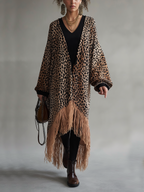Leopard Print Fringe Kimono Style Black Knit Midi Dress
