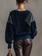 Navy Corduroy Faux Leather Panel V-Neck Sweatshirt