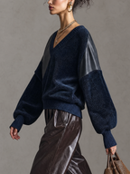 Navy Corduroy Faux Leather Panel V-Neck Sweatshirt