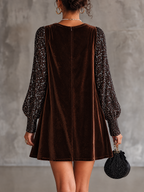 Brown Velvet Sequin Long Sleeve Mini Dress