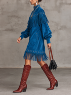 Blue Faux Suede Fringe Studded Midi Dress