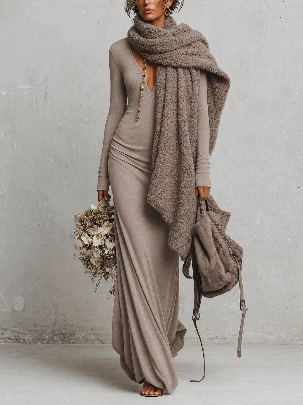 Oatmeal Deep V-Neck Brushed Stretch Knit Maxi Dress