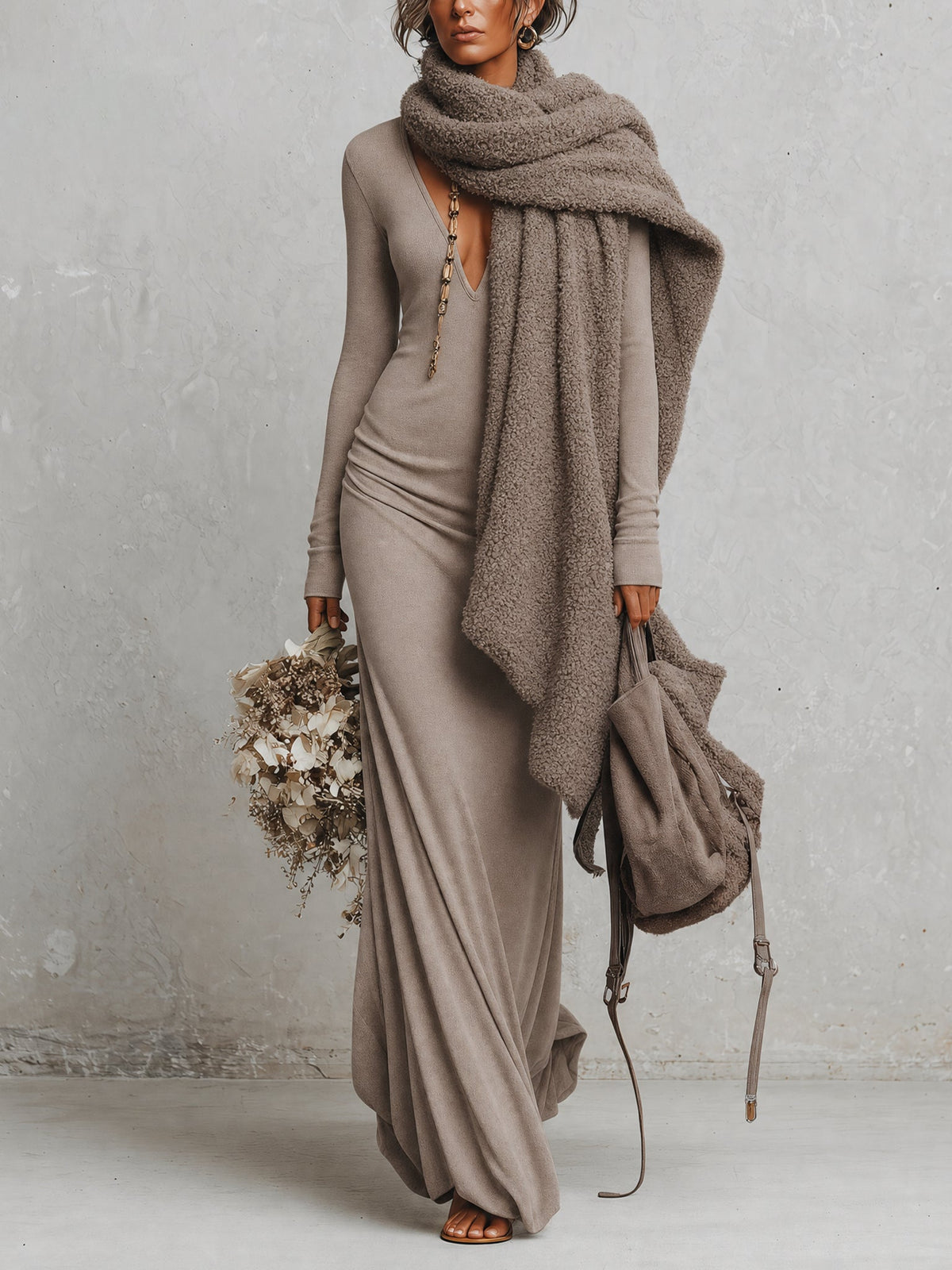 Oatmeal Deep V-Neck Brushed Stretch Knit Maxi Dress