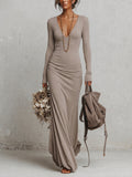 Oatmeal Deep V-Neck Brushed Stretch Knit Maxi Dress