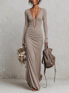 Oatmeal Deep V-Neck Brushed Stretch Knit Maxi Dress