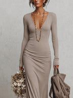 Oatmeal Deep V-Neck Brushed Stretch Knit Maxi Dress