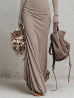 Oatmeal Deep V-Neck Brushed Stretch Knit Maxi Dress