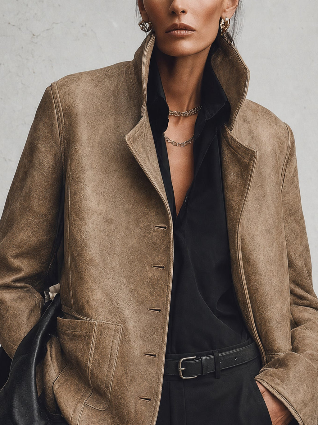 Khaki Distressed Faux Leather Long Sleeve Jacket