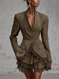 Olive Faux Suede Blazer Style Lace Trim Mini Dress