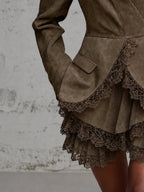 Olive Faux Suede Blazer Style Lace Trim Mini Dress