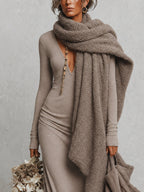 Oatmeal Deep V-Neck Maxi Dress with Wool Blend Shawl Set
