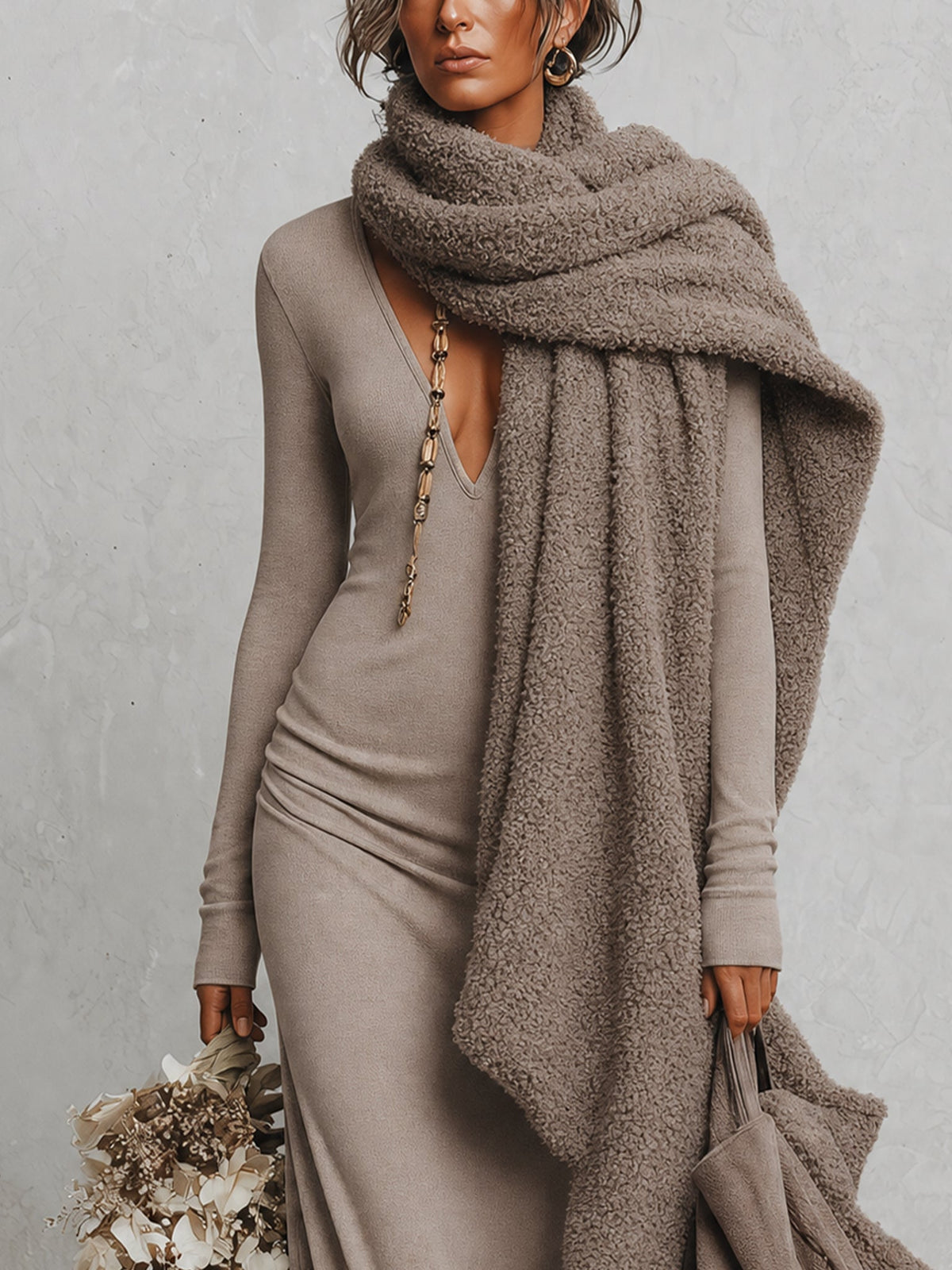 Oatmeal Deep V-Neck Maxi Dress with Wool Blend Shawl Set