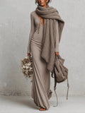 Oatmeal Deep V-Neck Maxi Dress with Wool Blend Shawl Set