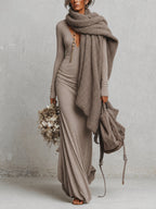 Oatmeal Deep V-Neck Maxi Dress with Wool Blend Shawl Set