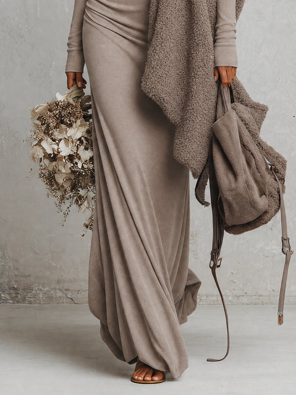 Oatmeal Deep V-Neck Maxi Dress with Wool Blend Shawl Set