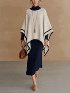 Navy and Cream Roll Neck Knit Poncho Overlay Midi Dress