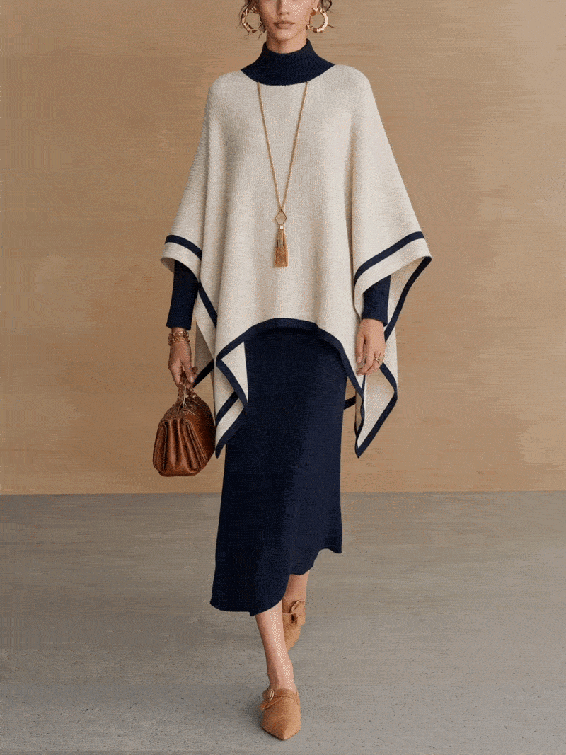 Navy and Cream Roll Neck Knit Poncho Overlay Midi Dress