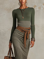 Vintage Green Colour-block Knit Long Sleeve Fringe Maxi Dress