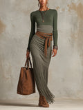 Vintage Green Colour-block Knit Long Sleeve Fringe Maxi Dress