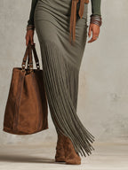 Vintage Green Colour-block Knit Long Sleeve Fringe Maxi Dress