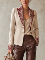 Cream Tailored Blazer with Wine Floral Print Lapels and Cuffs
