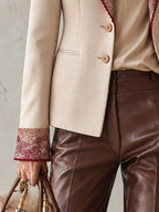 Cream Tailored Blazer with Wine Floral Print Lapels and Cuffs