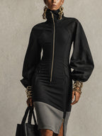 Black Colour-block Zip Front High Neck Stretch Midi Dress