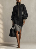 Black Colour-block Zip Front High Neck Stretch Midi Dress