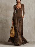Vintage Brown Scoop Neck Long Sleeve Drop Waist Maxi Dress