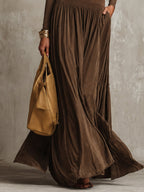 Vintage Brown Scoop Neck Long Sleeve Drop Waist Maxi Dress