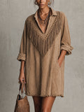 Khaki Cotton Blend Oversized Fringe and Stud Mini Dress