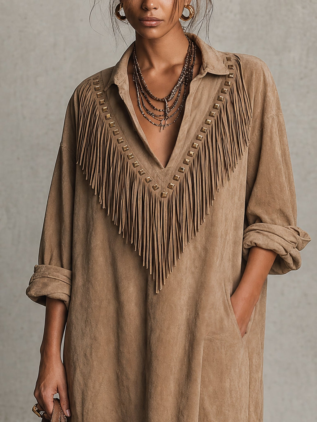 Khaki Cotton Blend Oversized Fringe and Stud Mini Dress