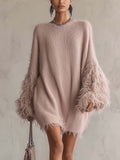 Blush Pink Fuzzy Knit Mini Dress with Feather-Trim Cuffs