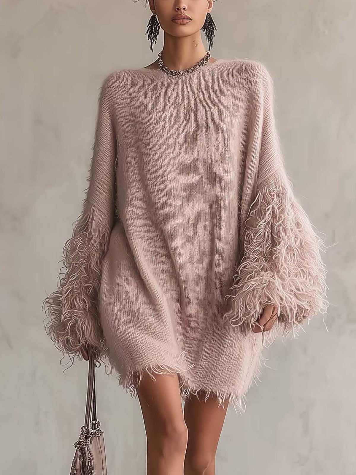 Blush Pink Fuzzy Knit Mini Dress with Feather-Trim Cuffs