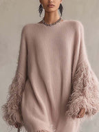 Blush Pink Fuzzy Knit Mini Dress with Feather-Trim Cuffs