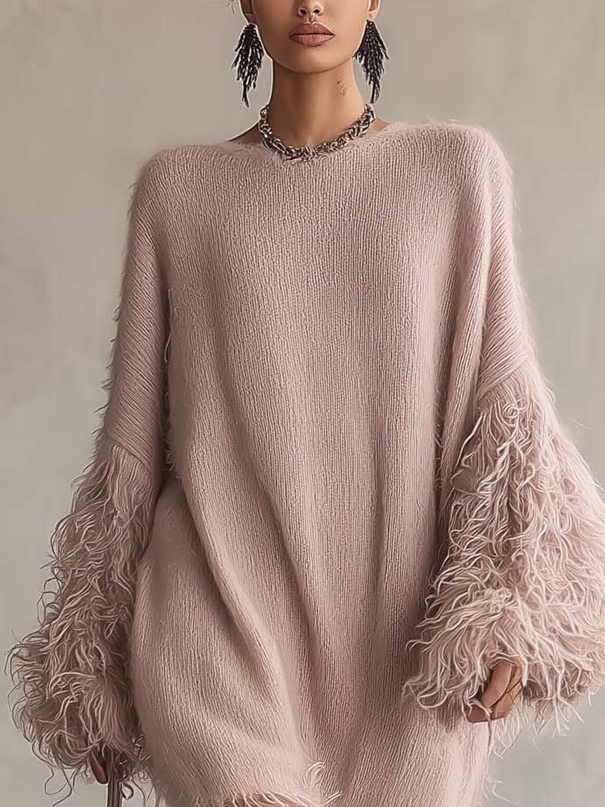 Blush Pink Fuzzy Knit Mini Dress with Feather-Trim Cuffs