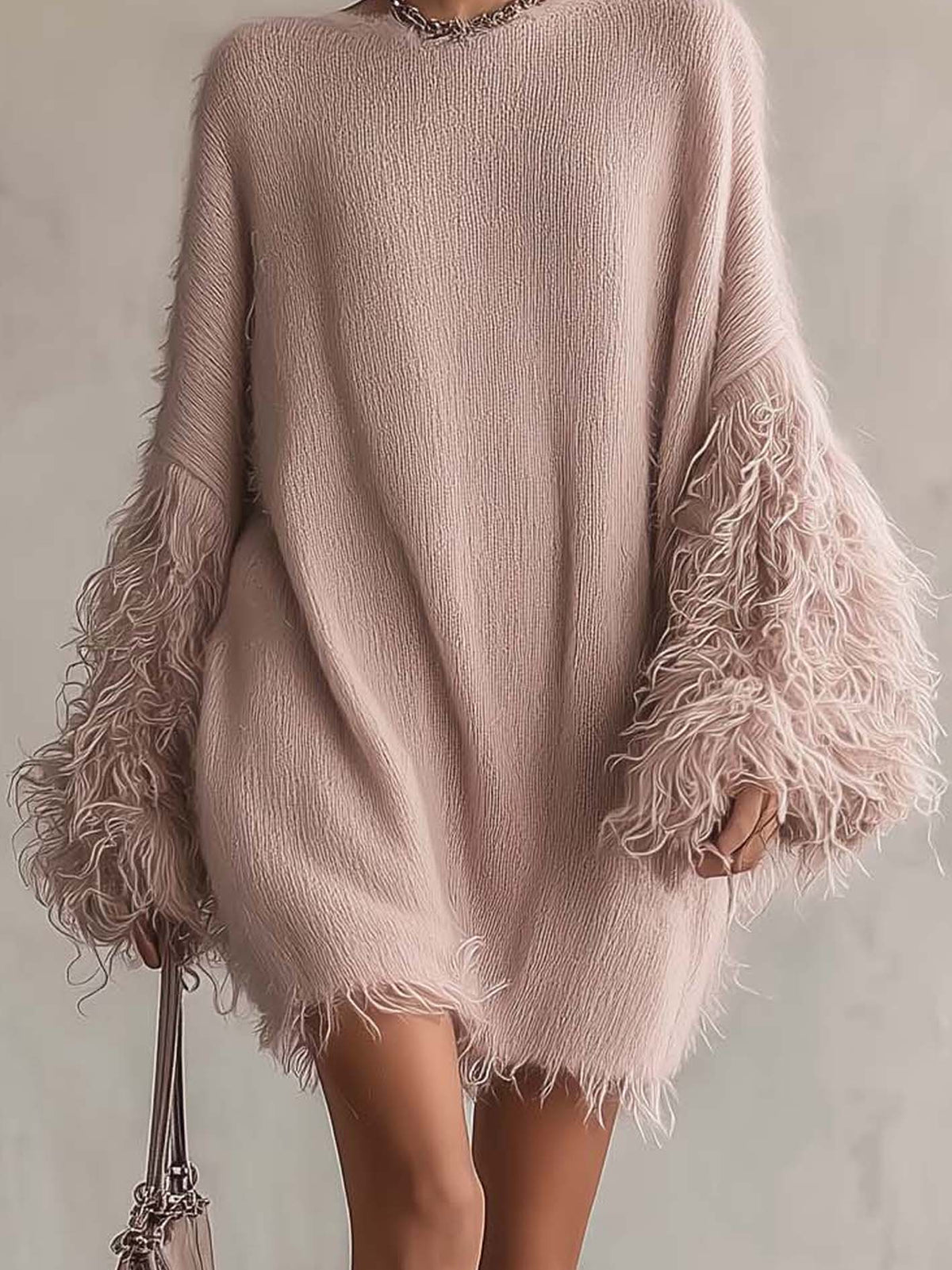 Blush Pink Fuzzy Knit Mini Dress with Feather-Trim Cuffs