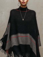 Black and Grey Colour-block Knit Poncho with Crimson Stripe Accent and Fringe Trim