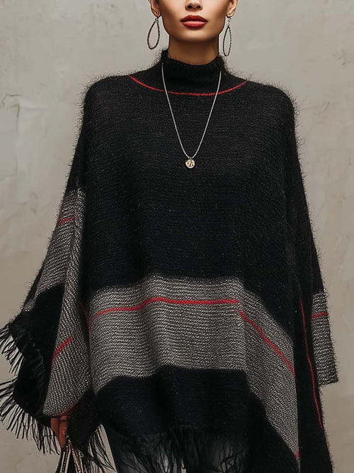Black and Grey Colour-block Knit Poncho with Crimson Stripe Accent and Fringe Trim
